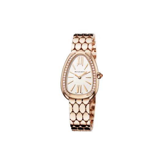 SERPENTI SEDUTTORI Lady Watch. 33 mm rose gold 18kt case and bracelet. 18 kt rose gold bezel set with diamonds. 18 kt rose gold crown set with 1 cab cut pink rubellite. White silver opaline dial. Bracelet with folding clasp. Quartz movement, hours and minutes functions. Water-resistant up to 30 metres. 103146 image 2