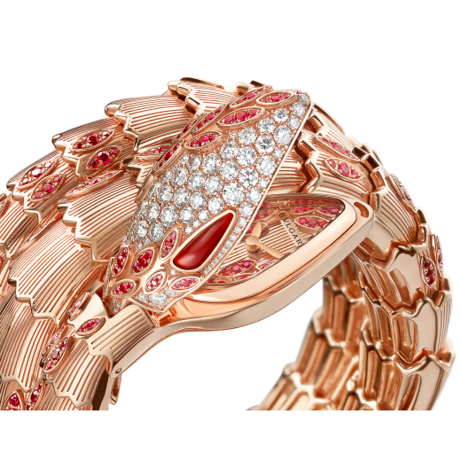 Serpenti Secret Watch with 18 kt rose gold head set with brilliant cut diamonds, brilliant cut rubies and carnelian eyes, 18 kt rose gold case, 18 kt rose gold dial and double spiral bracelet, both set with brilliant cut rubies. 102014 image 2