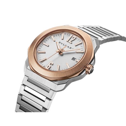 Octo Roma watch in stainless steel with additional interchangeable brown rubber strap, 18 kt rose gold bezel and grey Clous de Paris dial. Mechanical manufacture movement with automatic winding. Water-resistant up to 100 metres. 103928 image 2