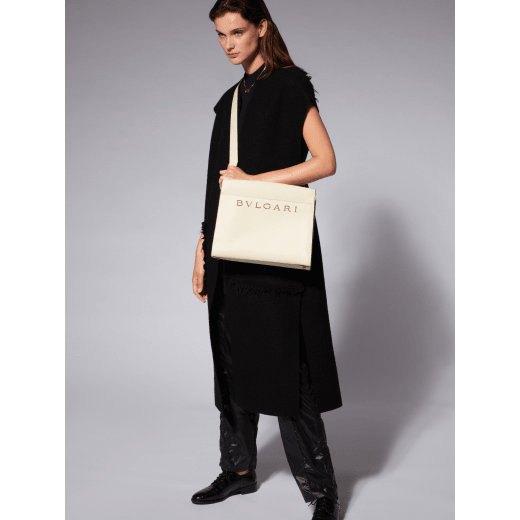 Bulgari Logo tote bag in ivory opal smooth and grain calf leather with black gros grain lining. Iconic Bvlgari logo decorative chain motif in light gold-plated brass. BVL-1192 image 8