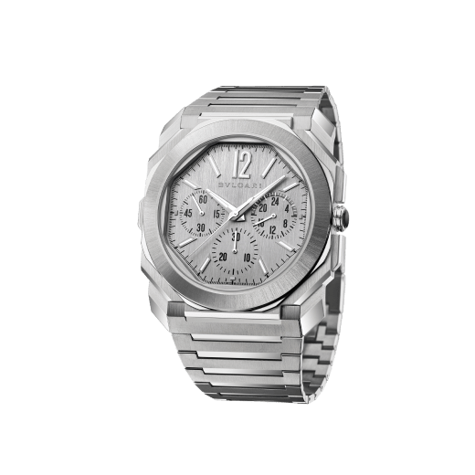 Octo Finissimo Chronograph GMT watch with mechanical manufacture ultra-thin movement (3.30 mm thick), automatic winding, 43 mm satin-polished stainless steel case and bracelet with silvered dial. Water-resistant up to 100 meters. 103661 image 5