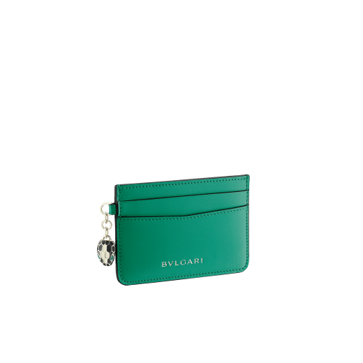 Serpenti Forever card holder in gold Urban grain calf leather. Captivating snakehead charm in light gold-plated brass embellished with red enamel eyes. SEA-CC-HOLDER-CLa image 1