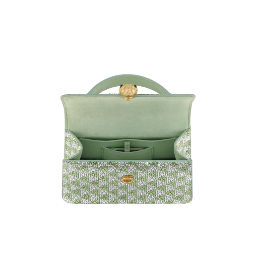 Serpenti Forever mini top handle bag with a gold and silver bright Calla Crystals pattern applied on suede, and a bright Travertino nappa leather lining. Captivating snakehead magnetic closure in gold-plated brass embellished with diamond-cut engraving on the scales, and black onyx eyes. SEA-001-1283XS-crys image 3