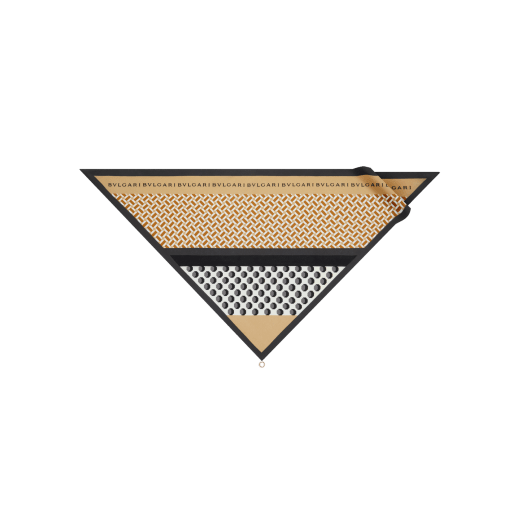 Wheel of the Sun triangle scarf in fine, printed and crinkled black silk with a BULGARI BULGARI metal pendant. WHEELOFSUNTRIAN image 1