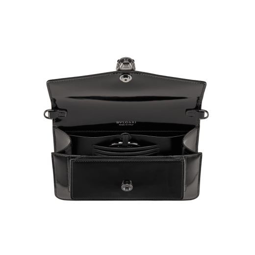 Serpenti Forever East-West small shoulder bag in black Shiny Brushed calf leather with black nappa leather lining. Captivating snakehead magnetic closure in dark ruthenium-plated brass embellished with black enamel and dark ruthenium-plated brass scales, and black onyx eyes. 1237-CLd image 4