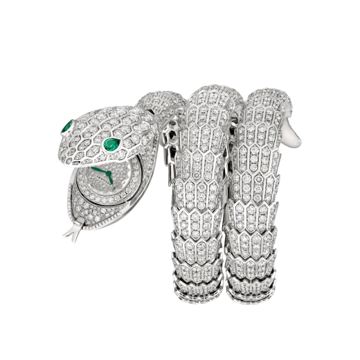 Serpenti Misteriosi High Jewellery watch with mechanical manufacture micro-movement with manual winding, 18 kt white gold case and bracelet set with diamonds and emerald eyes, and pavé-set diamond dial 103795 image 1