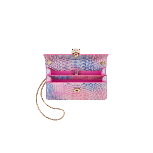 Serpenti Forever mini crossbody bag in multicolour Spring Shade python skin with azalea quartz pink nappa leather lining. Captivating magnetic snakehead closure in light gold-plated brass embellished with ivory opal and azalea quartz pink enamel scales and black onyx eyes. 292137 image 4