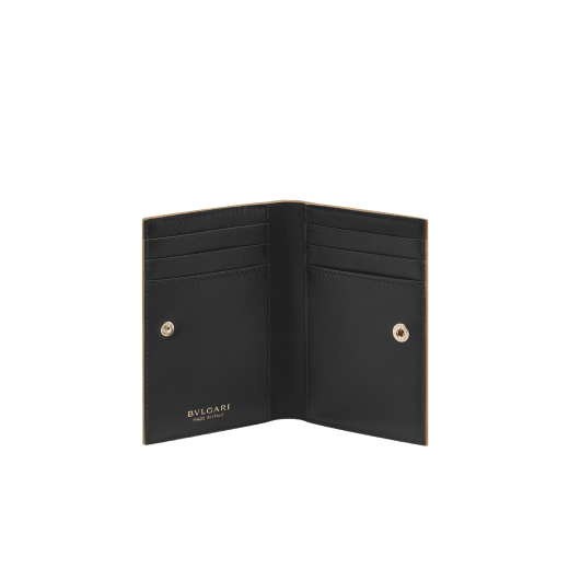 Bulgari Logo folded card holder in ivory opal calf leather with hot-stamped Infinitum pattern all over, black nappa leather interior and press-stud closure. BVL-CCHOLDERFOLD image 2