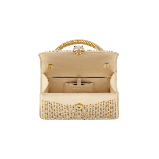 " Serpenti Pallini mini top handle bag with gold-plated brass elements embroidered on gold Liquid Metal calfskin. Captivating gold-plated brass Pallini handle and snakehead magnetic closure in gold-plated brass, embellished with full pavé zirconia and black onyx eyes." 294799 image 3