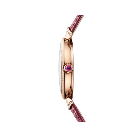 Divas' Dream watch with 18 kt rose gold case set with brilliant-cut diamonds, marquetry dial set with red wood elements and brilliant-cut diamonds, and red alligator bracelet. Water-resistant up to 30 metres 103995 image 3