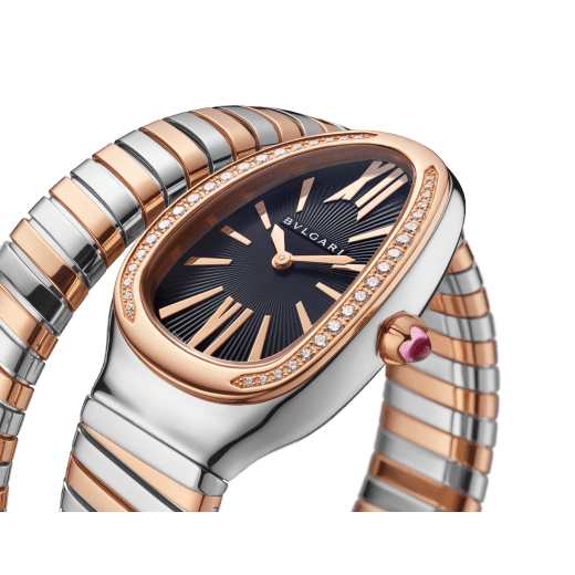 Serpenti Tubogas single spiral watch with stainless steel case, 18 kt rose gold bezel set with brilliant cut diamonds, black opaline dial, 18 kt rose gold and stainless steel bracelet. 102098 image 2