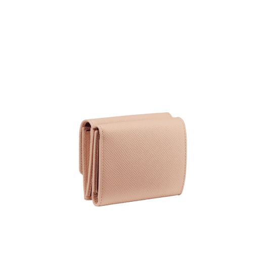 BULGARI BULGARI Japan Exclusive compact wallet in soft drummed taupe quartz light brown calf leather with crystal rose nappa leather interior. Iconic light gold-plated brass clip and press button closure. 579-MINICOMPACTc image 3