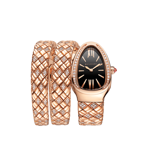 Serpenti Spiga Lady watch with quartz movement, 35 mm 18 kt rose gold case set with diamonds, 18 kt rose gold crown set with a cabochon-cut rubellite, black dial and double-spiral 18 kt rose gold bracelet set with diamonds. Quartz movement, hours, minutes functions. Size S-135 mm SERPENTI-SPIGA-2TBLACKDIALDIAM image 1