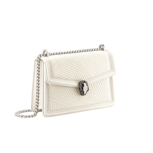 Serpenti Diamond Blast small shoulder bag in white agate quilted nappa leather with white agate smooth calf leather frames and crystal rose pink nappa leather lining. Captivating snakehead closure in palladium-plated brass embellished with black and white agate enamel scales and black onyx eyes. 922-FQDa image 2