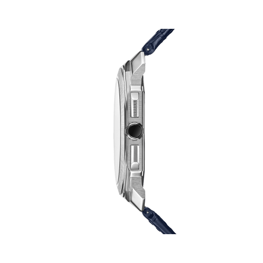 Octo Finissimo陀飞轮镂空计时腕表，搭载品牌自制的超薄自动上链机械机芯（厚度3.50毫米），单按钮计时和陀飞轮，43毫米铂金表壳，镂空表盘，搭配灰色计时盘和蓝色鳄鱼皮表带。防水深度达30米。 103510 image 3