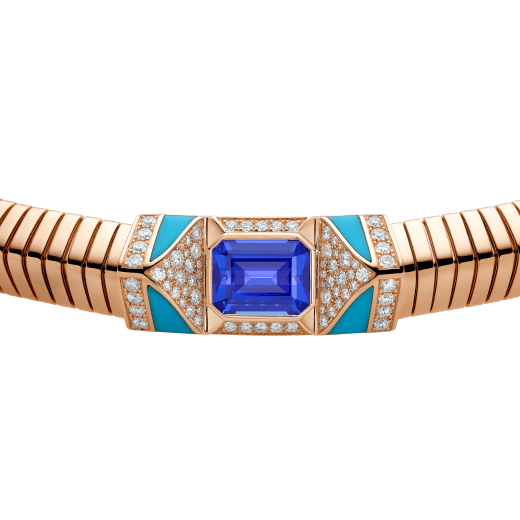 Bvlgari Tubogas 18 kt rose gold necklace set with a central tanzanite, turquoise inserts and pavé diamonds CL860175 image 3