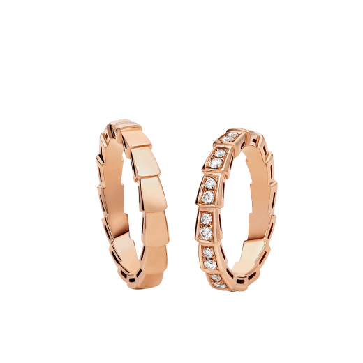 Serpenti Viper couples' rings in 18 kt rose gold, one of which is fully set with diamonds. A captivating ring set fusing mesmerizing design with the snake's irresistible allure. SERPENTI-VIPER-COUPLES-RINGS image 1