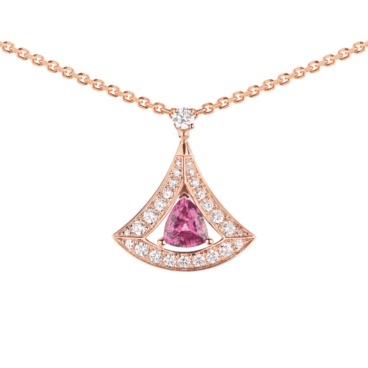 DIVAS' DREAM openwork necklace with 18 kt rose gold chain set with diamonds and 18 kt rose gold pendant with a pink tourmaline and set with pavé diamonds. 354366 image 3