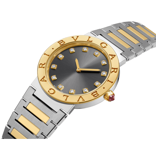 Bvlgari Bvlgari watch in 18 kt yellow gold and stainless steel, double logo engraving on the bezel, anthracite sunray dial and 12 diamond indexes. Water-resistant up to 30 metres 104196 image 2