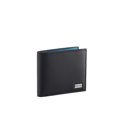 B.zero1 Man bifold wallet in black matte calf leather with Niagara sapphire blue nappa leather interior. Iconic dark ruthenium and palladium-plated brass embellishment, and folded closure. BZM-BIFOLDWALLET image 1