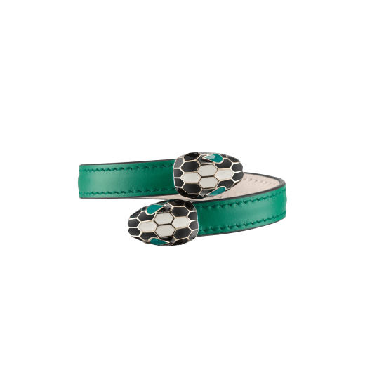 Serpenti Forever soft bangle bracelet in emerald green calf leather. Captivating contraire snakehead décor in light gold-plated brass embellished with black and white agate enamel scales and emerald green enamel eyes. SerpSoftContr-CL-EG image 1