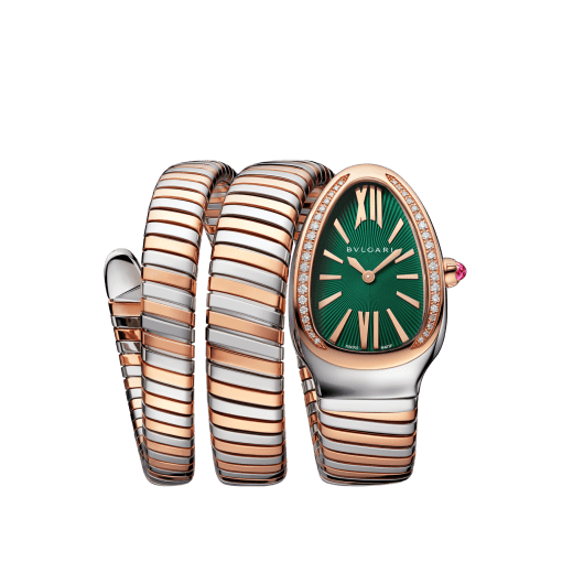 Serpenti Tubogas double-spiral watch in 18 kt rose gold and stainless steel with diamond-set bezel and green lacquered soleil dial. Water-resistant up to 30 metres SERPENTI-TUBOGAS-2T-greenDialDiam image 1