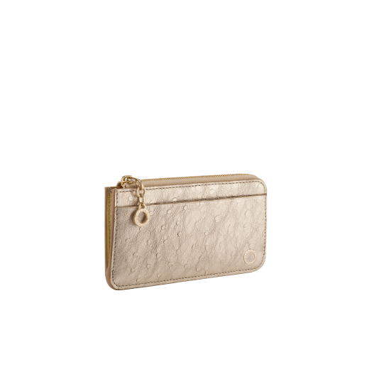 BULGARI BULGARI large zipped card holder in light gold metallic ostrich skin with shell quartz pink nappa leather interior. Zip closure with iconic zip pull in light gold-plated brass. 293549 image 1