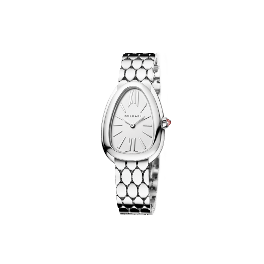 SERPENTI SEDUTTORI Lady Watch 33 mm stainless steel case and crown set with a cabochon-cut pink rubellite, white silver opaline dial, stainless steel bracelet and folding buckle. Quartz movement, hours and minutes functions. Water-resistant up to 30 metres. 103141 image 2