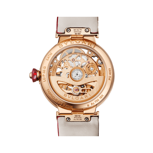 LVCEA Skeleton watch with mechanical manufacture movement, automatic winding, 18 kt rose gold case set with diamonds, openwork BVLGARI logo dial set with diamonds and red alligator bracelet 102833 image 4