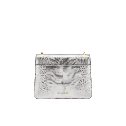 Serpenti Forever small crossbody bag in silver Molten lizard skin with foggy opal gray nappa leather lining. Captivating snakehead magnetic closure in light gold-plated brass embellished with black enamel and light gold-plated brass scales, and black onyx eyes. 293341 image 3