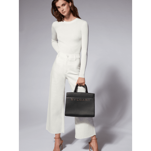 Bvlgari Logo tote bag in ivory opal smooth and grain calf leather with black grosgrain lining. Iconic Bvlgari logo decorative chain motif in light gold-plated brass. BVL-1192 image 5