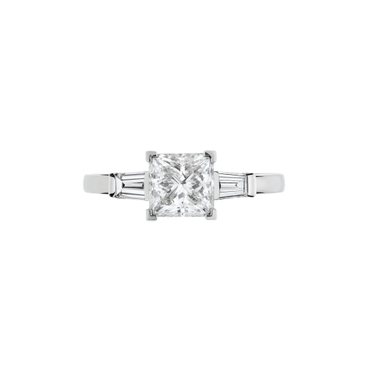 Griffe solitaire ring in platinum with princess cut diamond and two side diamonds. Available in 1 ct. A classic setting that allows the beauty and the pureness of the solitaire diamond to assert itself. 338560 image 4