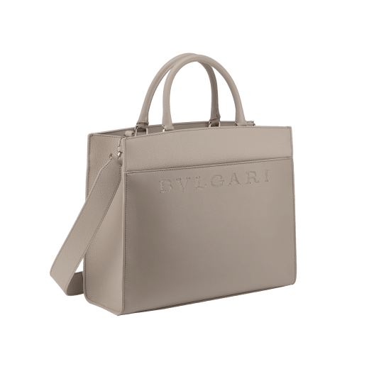 Bulgari Logo medium tote bag in foggy opal grey smooth and grained calf leather with linen agate beige grosgrain lining. Iconic Bulgari logo decorative chain in light gold-plated brass, with hook fastening. 291956 image 2