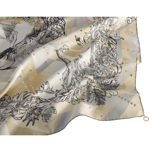 Polychroma Shine scarf in fine natural silk twill with a BVLGARI BVLGARI metal pendant. Made of 100% silk. POLYCHROMASHINE-SQ image 2