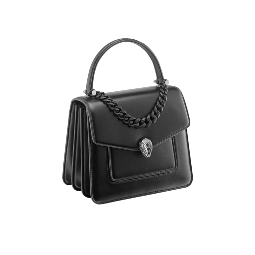 "Serpenti Forever" small maxi chain top-handle bag in black nappa leather, with black nappa leather inner lining. New Serpenti head closure in dark ruthenium-plated brass and finished with small black onyx scales in the middle and red enamel eyes. 290874 image 2