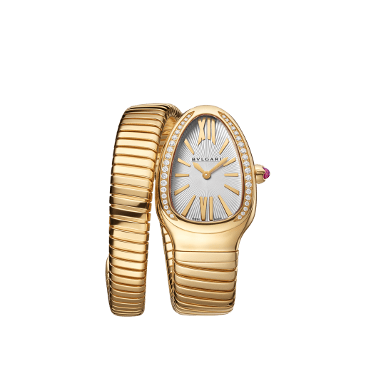 Serpenti Tubogas single spiral watch in 18 kt yellow gold case and bracelet, bezel set with brilliant cut diamonds and silver opaline dial. 101924 image 1