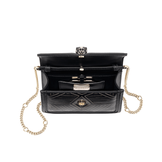 “Serpenti Diamond Blast” shoulder bag in white agate calf leather, featuring a Whispy Chain motif in light gold finishing. Iconic snakehead closure in light gold plated brass enriched with black and white agate enamel and black onyx eyes. 987-WC image 4