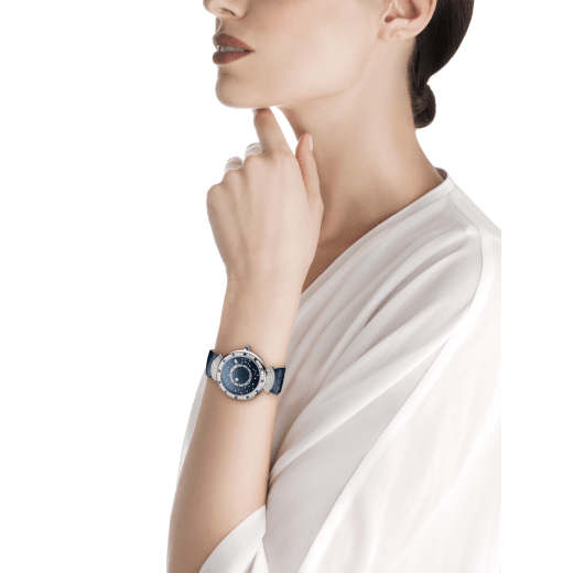 DIVAS' DREAM watch with mechanical manufacture movement, automatic winding, 18 kt white gold case set with round brilliant-cut diamonds and sapphires, aventurine rotating discs with diamonds and printed constellations and dark blue alligator bracelet 102842 image 4