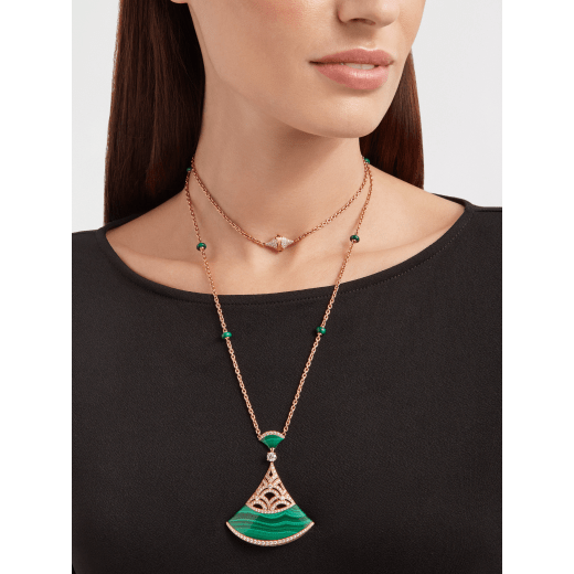 Divas’ Dream necklace with 18 kt rose gold chain set with malachite beads and diamonds, and 18 kt rose gold openwork pendant set with a diamond (0.50 ct), pavé diamonds and malachite inserts. 358222 image 5