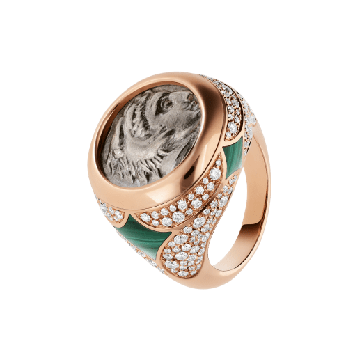 Monete 18 kt rose gold ring set with an ancient coin, malachite elements and pavé diamonds AN858468 image 1