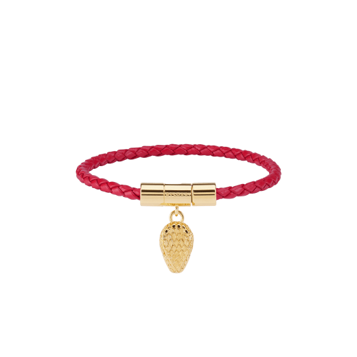 Serpenti Forever bracelet in amaranth garnet red braided calf leather. Captivating snakehead charm in gold-plated brass, complete with red enamel eyes, attached to the clasp at the front. SERPHERBRAID-WCL-AG image 1