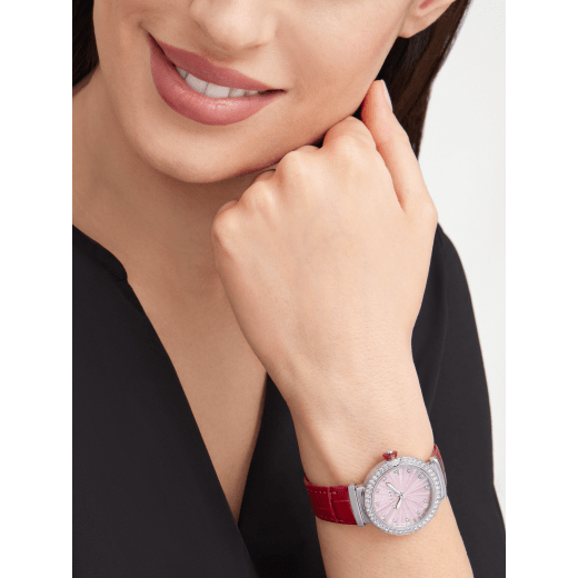 LVCEA watch with stainless steel case set with brilliant-cut diamonds, pink mother-of-pearl marquetry dial, 11 round diamond indexes and pink alligator bracelet. Water-resistant up to 30 metres. 103618 image 4