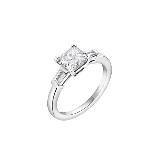 Griffe solitaire ring in platinum with princess cut diamond and two side diamonds. Available in 1 ct. A classic setting that allows the beauty and the pureness of the solitaire diamond to assert itself. 338560 image 2