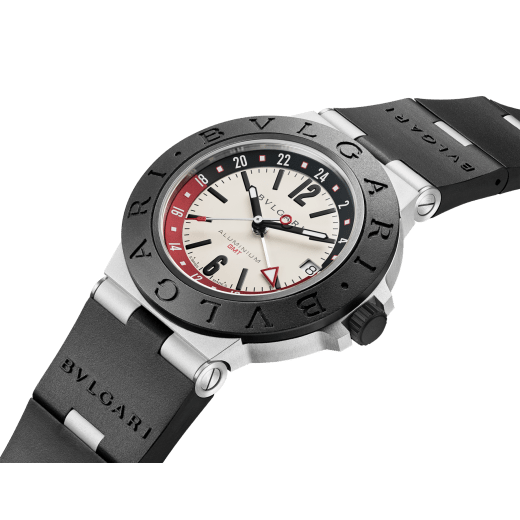 Bvlgari Aluminium GMT watch with mechanical movement, automatic winding, GMT 24h function, 40 mm aluminium case, black rubber bezel with double logo engraving, white dial, SLN indexes and hands, titanium caseback and black rubber bracelet. Water-resistant up to 100 metres 103963 image 2