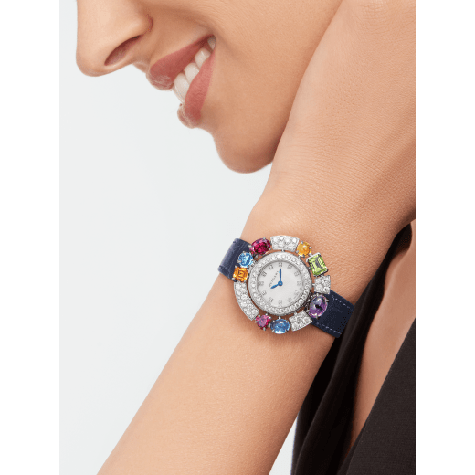 Allegra watch with 18 kt white gold case set with brilliant-cut diamonds, 2 citrines, an amethyst, 2 blue topazes, a peridot and 2 rhodolites, mother-of-pearl dial, 12 diamond indexes and blue shimmering alligator bracelet. Water resistant up to 30 metres 103499 image 1
