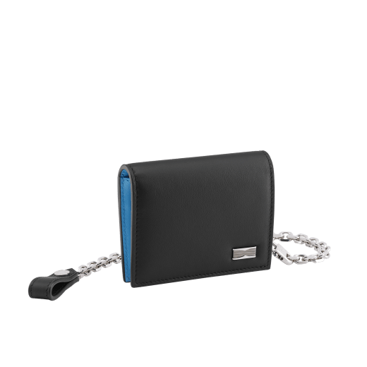 B.zero1 Man compact wallet with chain in black matte calf leather with Niagara sapphire blue nappa leather interior. Iconic dark ruthenium and palladium-plated brass embellishment, and folded press-stud closure. BZM-COMPACTWALLET image 1