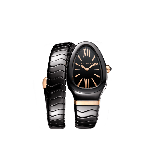 Serpenti Spiga Uhr mit einfach geschwungenem Armband, Gehäuse aus schwarzer Keramik, schwarz lackiertem Zifferblatt und Armband aus schwarzer Keramik mit Elementen aus 18 Karat Roségold. 102734 image 1
