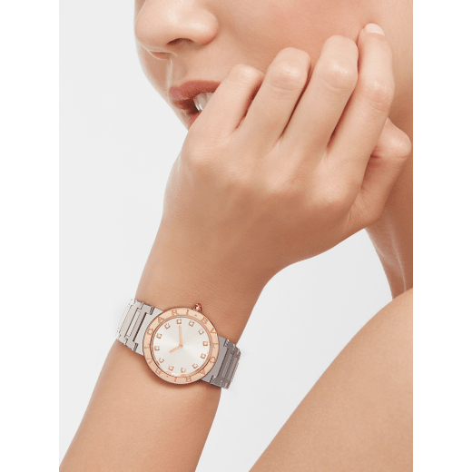 BULGARI BULGARI LADY 腕錶，精鋼錶殼和錶帶，18K 玫瑰金錶圈鐫刻雙品牌標誌，銀色太陽紋錶盤，鑽石時標。防水深度 30 公尺。 103577 image 2