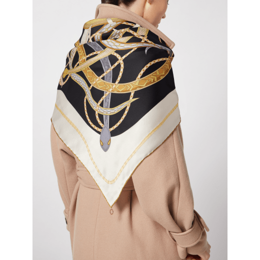 Serpenti 75 scarf in fine white agate printed silk twill with a BVLGARI BVLGARI metal pendant. Made of 100% silk twill. SERPENTI75-SC image 1