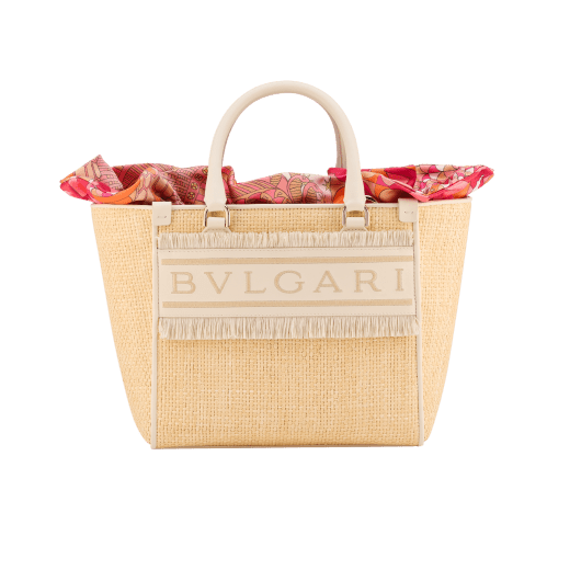 Bulgari Logo medium tote bag in beige raffia with ivory opal calf leather details, beige raffia fringes and beetroot spinel fuchsia nappa leather lining. Iconic Bulgari logo stitched motif, detachable satin satchel with multicoloured print outside and beetroot spinel fuchsia inside, and drawstring closure with captivating snakeheads in light gold-plated brass. 292073 image 6